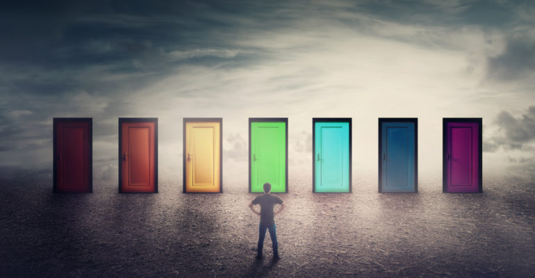 Confident guy in front of many doors different colored has to choose one